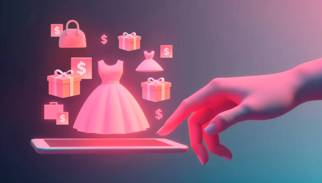 Mão humana interagindo com tela digital que exibe ícones de compras, vestidos e presentes, representando a influência da IA no comportamento de compra online.
