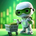 Robô simpático com carrinho de compras cheio de caixas, sobre fundo verde digital, simbolizando a inteligência artificial aplicada ao e-commerce