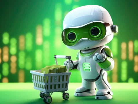 Robô simpático com carrinho de compras cheio de caixas, sobre fundo verde digital, simbolizando a inteligência artificial aplicada ao e-commerce