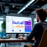 Pessoa analisando gráficos e relatórios em um monitor grande, simbolizando o uso da JoomPulse para interpretar dados e otimizar vendas online