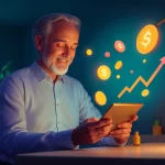 Homem maduro sorrindo enquanto usa um tablet, com ícones de moedas e gráfico de crescimento flutuando ao redor, simbolizando o aumento de receita e a transformação no comportamento de compra no Mercado Livre