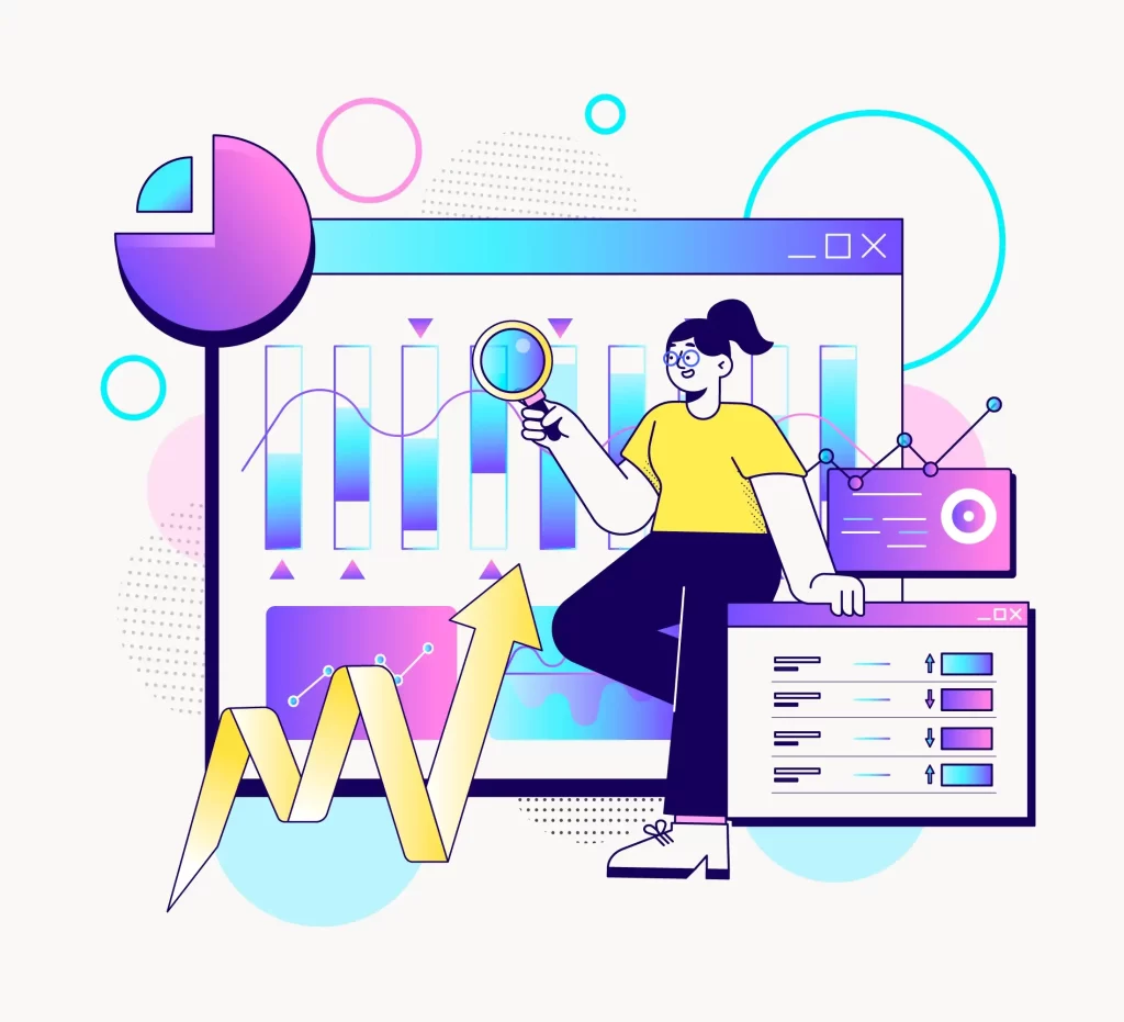 Ilustração de pessoa analisando gráficos, tabelas e indicadores com lupa