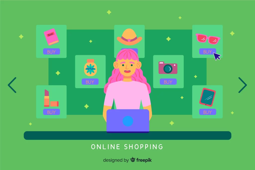 Ilustração de uma pessoa usando notebook com vários produtos exibidos em cards ao redor