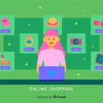 Ilustração de uma pessoa usando notebook com vários produtos exibidos em cards ao redor