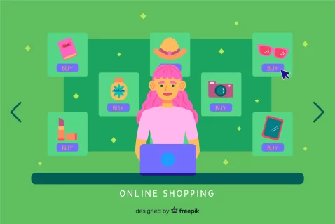 Ilustração de uma pessoa usando notebook com vários produtos exibidos em cards ao redor