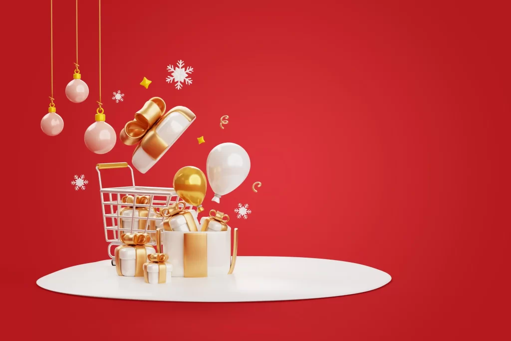 Carrinho de compras e caixas de presente douradas sobre fundo vermelho natalino