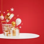 Carrinho de compras e caixas de presente douradas sobre fundo vermelho natalino