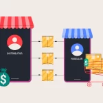 Ilustração mostrando fluxo de produtos entre distribuidor e revendedor com ícones financeiros