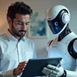 Homem analisando dados em tablet ao lado de um robô assistente