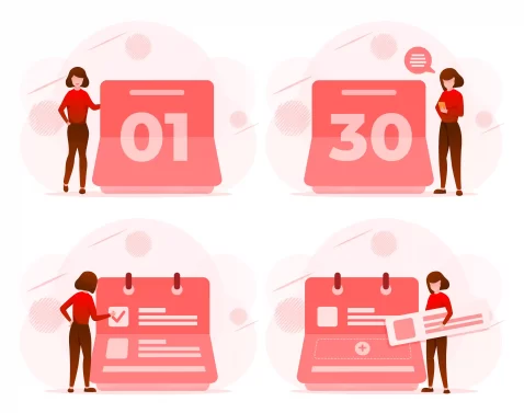 Ilustração de uma mulher interagindo com calendários nos dias 1 e 30, marcando tarefas e adicionando atividades, simbolizando planejamento dos primeiros 30 dias no Mercado Livre