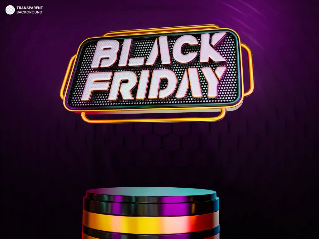 Letreiro iluminado escrito “Black Friday” em estilo neon sobre fundo roxo