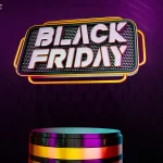 Letreiro iluminado escrito “Black Friday” em estilo neon sobre fundo roxo