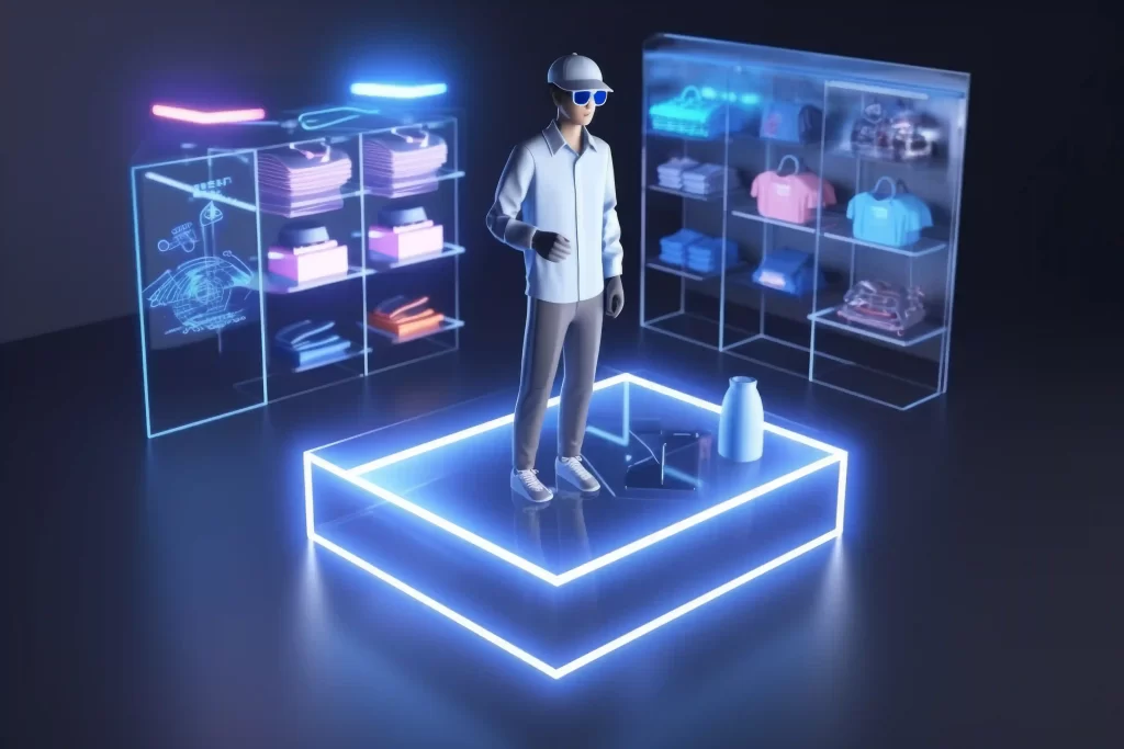 Pessoa em ambiente virtual de compras, com prateleiras digitais e produtos projetados por luzes neon, simbolizando o uso de inteligência artificial e dados no varejo do futuro