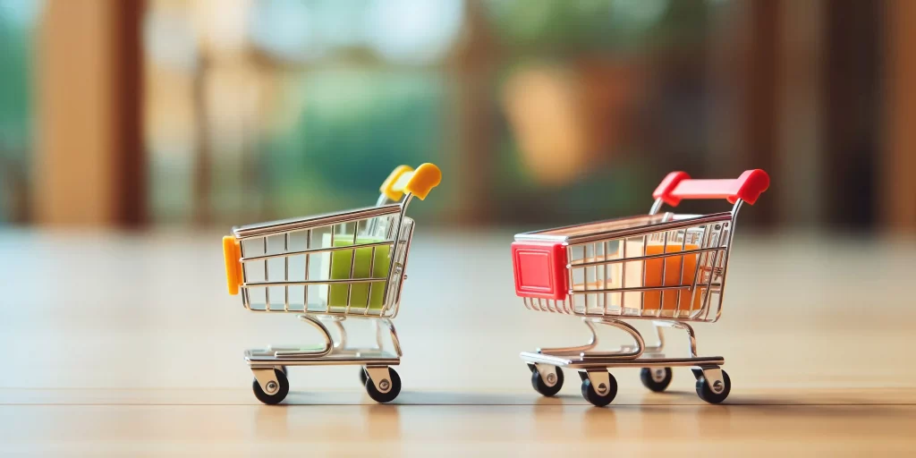 Dois mini carrinhos de compras lado a lado, cada um com produtos diferentes