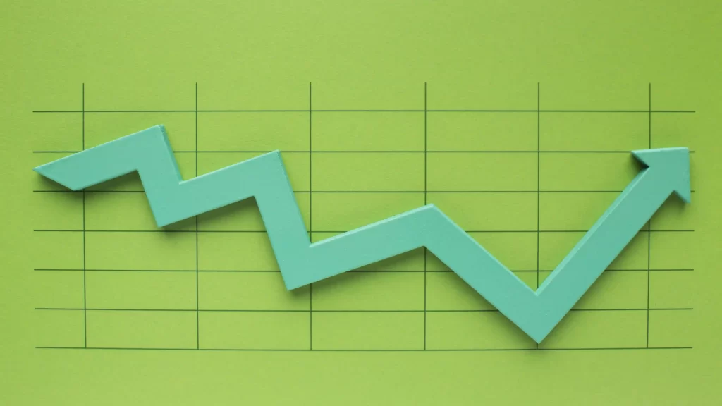 Gráfico verde com linha em zigue-zague subindo, simbolizando variação e tendência de preços ao longo do tempo