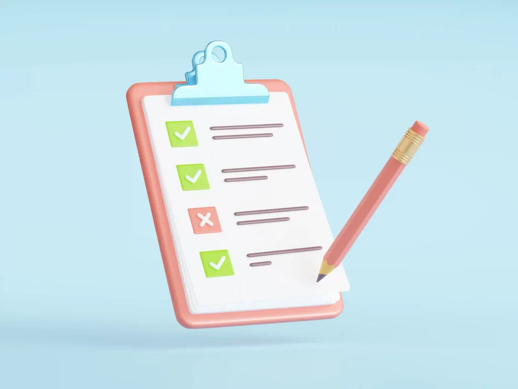Ilustração em estilo 3D de um clipboard rosa com uma folha de checklist presa por uma presilha azul.