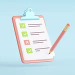 Ilustração em estilo 3D de um clipboard rosa com uma folha de checklist presa por uma presilha azul.