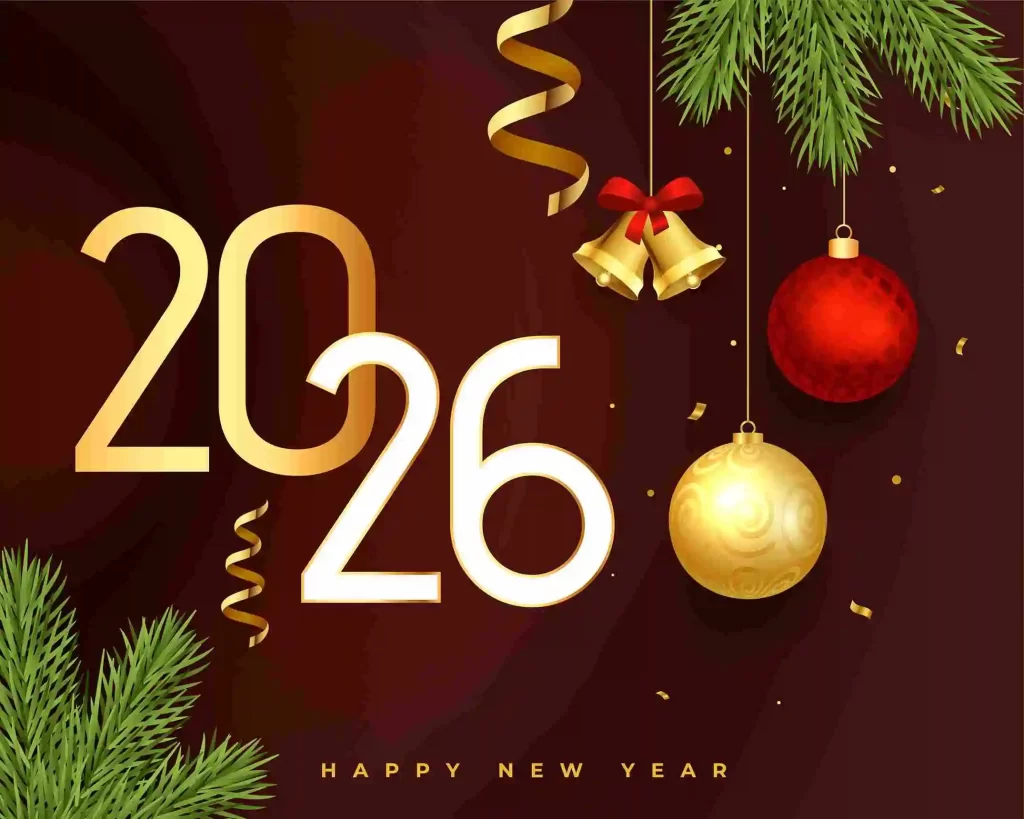 Ilustração com os números 2026 em dourado sobre fundo escuro decorado com bolas de Natal, sinos e galhos de pinheiro