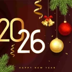 Ilustração com os números 2026 em dourado sobre fundo escuro decorado com bolas de Natal, sinos e galhos de pinheiro