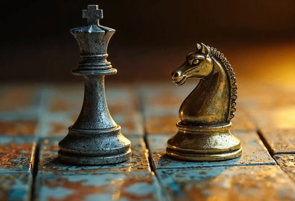 Peças de xadrez sobre um tabuleiro, com um rei e um cavalo posicionados frente a frente