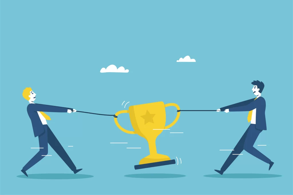 Ilustração de dois homens puxando cordas opostas, disputando um troféu no centro