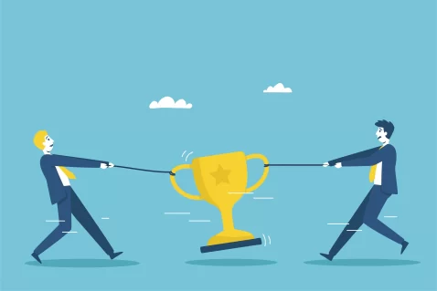 Ilustração de dois homens puxando cordas opostas, disputando um troféu no centro