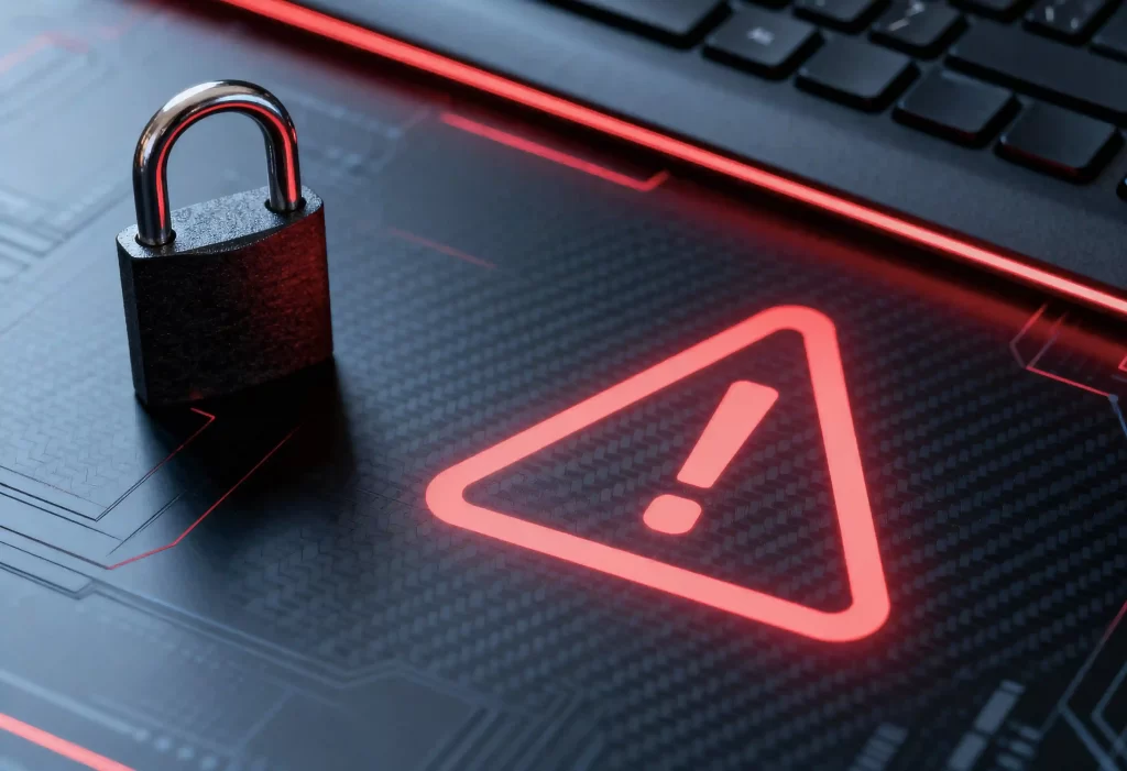 Cadeado sobre um notebook com símbolo de alerta em destaque, representando risco, interpretação incorreta de dados e métricas fora de contexto no digital.