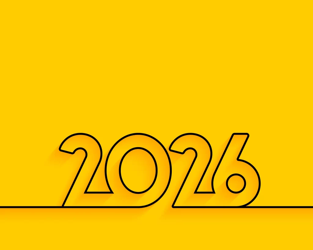 Ilustração com o número “2026” em destaque, em tipografia grande e tridimensional, sobre um fundo amarelo sólido, representando um novo ciclo ou virada de período