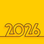 Ilustração com o número “2026” em destaque, em tipografia grande e tridimensional, sobre um fundo amarelo sólido, representando um novo ciclo ou virada de período