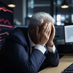 Homem de cabelos grisalhos, usando terno escuro, sentado à mesa em um escritório, com as mãos cobrindo o rosto