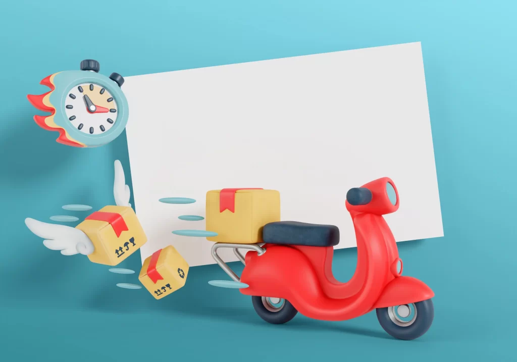 Ilustração de scooter com caixas voando e cronômetro, representando entrega rápida na logística