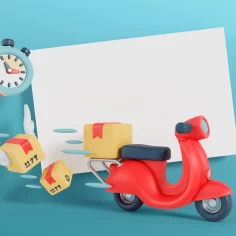 Ilustração de scooter com caixas voando e cronômetro, representando entrega rápida na logística