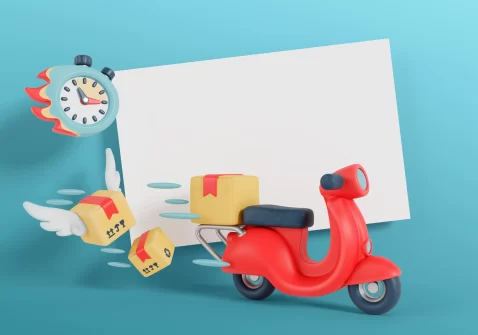 Ilustração de scooter com caixas voando e cronômetro, representando entrega rápida na logística