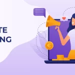 Ilustração de mulher segurando megafone saindo de um notebook, simbolizando divulgação no marketing de afiliados