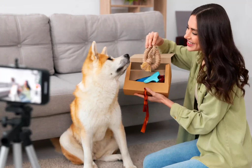 Cachorro recebendo brinquedos enquanto tutora grava conteúdo; cenário reflete o crescimento do mercado pet no e-commerce.