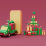 Caminhão de entrega com presente e pilha de caixas coloridas ao lado de um smartphone, representando compras online no Natal 2025
