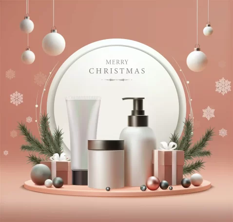 Kit de cosméticos em cenário natalino para aumentar ticket médio no Natal 2025