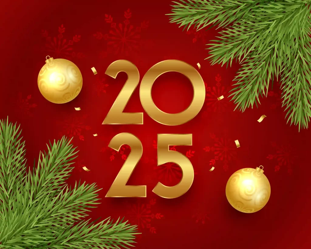 Imagem de Natal com o número 2025 em dourado, rodeado por pinhas e enfeites natalinos dourados sobre fundo vermelho