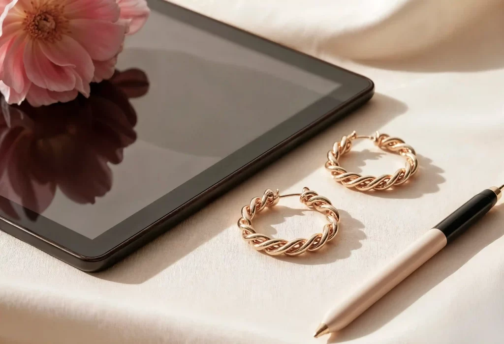 ablet ao lado de brincos dourados e uma caneta sobre tecido claro, em composição minimalista