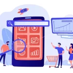 Ilustração de e-commerce mostrando celular com aplicativos de compra, carrinho e gráficos de crescimento, representando os produtos mais buscados do Natal no ambiente digital