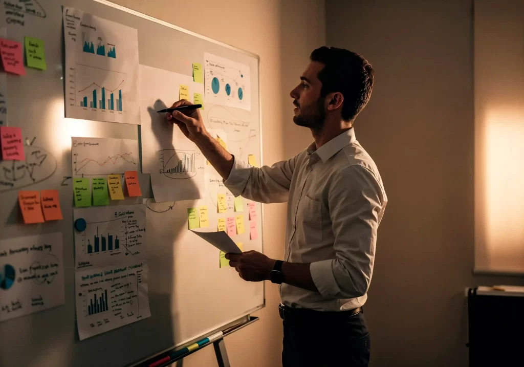 Homem em pé ao lado de um quadro branco, apontando para gráficos e anotações coloridas em post-its, enquanto segura um papel