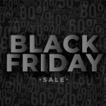 Arte em preto com a frase Black Friday em destaque sobre fundo cheio de porcentagens, representando descontos do evento