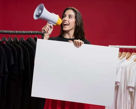 Mulher em pé dentro de uma loja de roupas, segurando um megafone e um cartaz branco em branco, com araras de roupas pretas e brancas ao fundo.