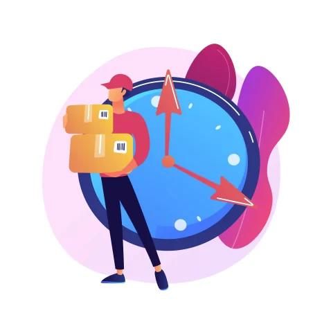 Ilustração de um entregador usando boné vermelho e camiseta rosa, segurando duas caixas de papelão com etiquetas, em frente a um grande relógio azul