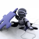 Robô encaixando peça de quebra-cabeça representando automação no e-commerce e integração de processos