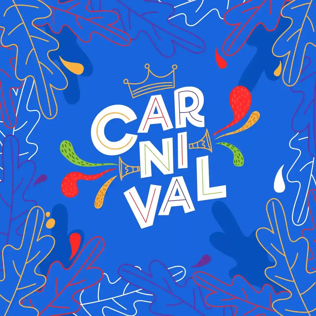 Ilustração colorida com a palavra “Carnaval” no centro, em letras grandes e brancas, sobre fundo azul, decorada com elementos gráficos festivos
