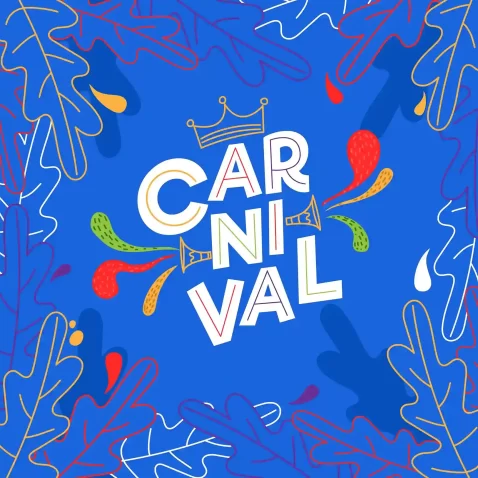 Ilustração colorida com a palavra “Carnaval” no centro, em letras grandes e brancas, sobre fundo azul, decorada com elementos gráficos festivos