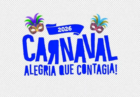 Ilustração com o texto “Carnaval 2026 – Alegria que contagia”, em letras grandes azuis, acompanhada de duas máscaras de carnaval coloridas com penas verdes, roxas, azuis e douradas