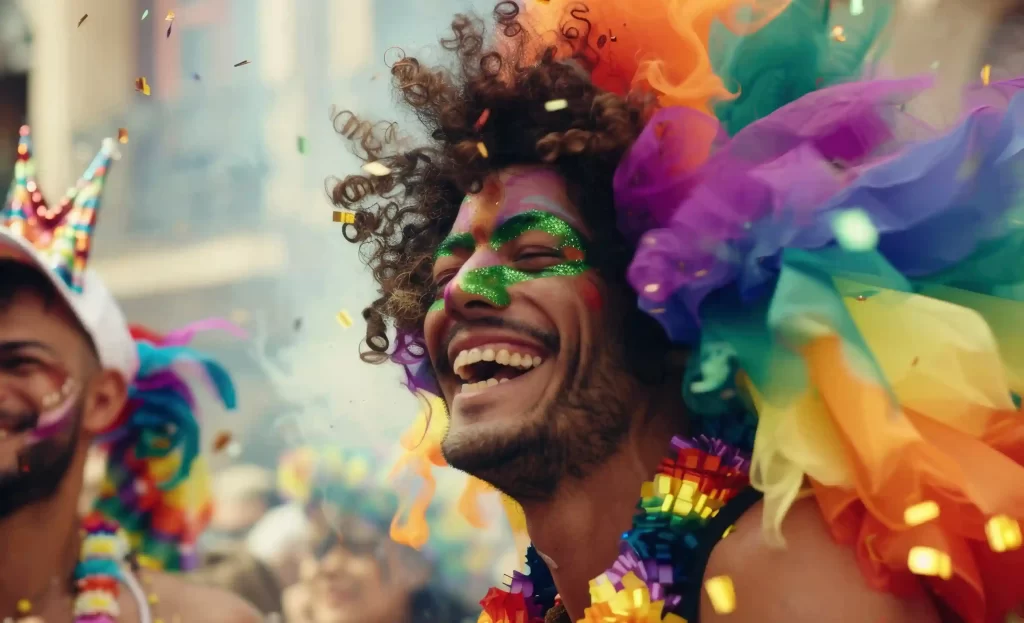 Pessoa sorrindo em bloco de Carnaval, com fantasia colorida, maquiagem no rosto e confetes ao redor, representando o consumo de produtos sazonais de Carnaval