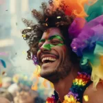 Pessoa sorrindo em bloco de Carnaval, com fantasia colorida, maquiagem no rosto e confetes ao redor, representando o consumo de produtos sazonais de Carnaval